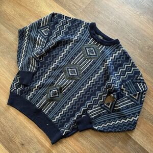 VTG 90s Style Stefano Man Geometric Knit Style Sweater Sz XL Leather Accent Boxy